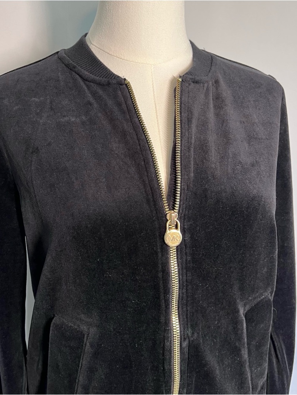 MICHAEL Kors Black Velvet Track Jacket with Gold-Tone Zip and Matching Pants.